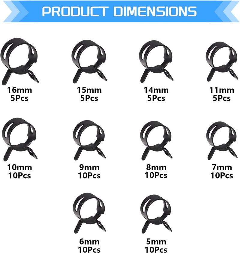 JTAREA Spring Band Hose Clamps Assortment Kit 10Sizes 80Pcs 5mm 6mm 7mm 8mm 9mm 10mm 11mm 14mm 15mm 16mm Hose Clamp Abrazaderas - Image 2